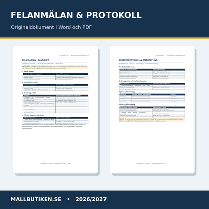 Felanmälan blankett och åtgärdsprotokoll Word PDF för BRF och hyresvärd