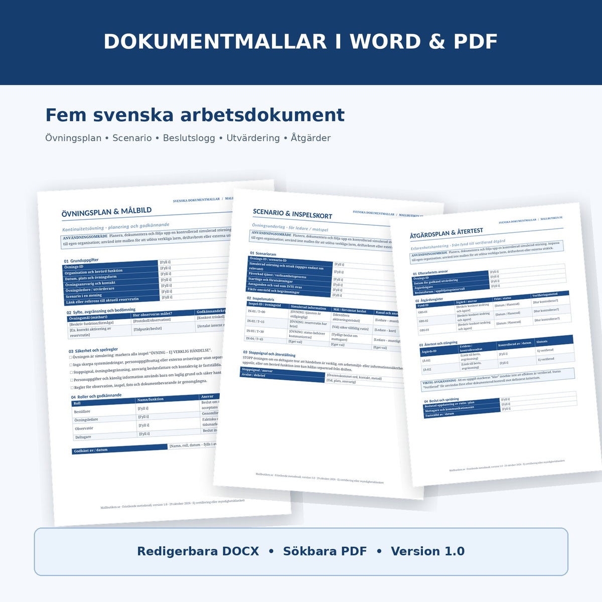 Verkliga förhandsvisningar av övningsplan, scenario och åtgärdsplan i Word/PDF