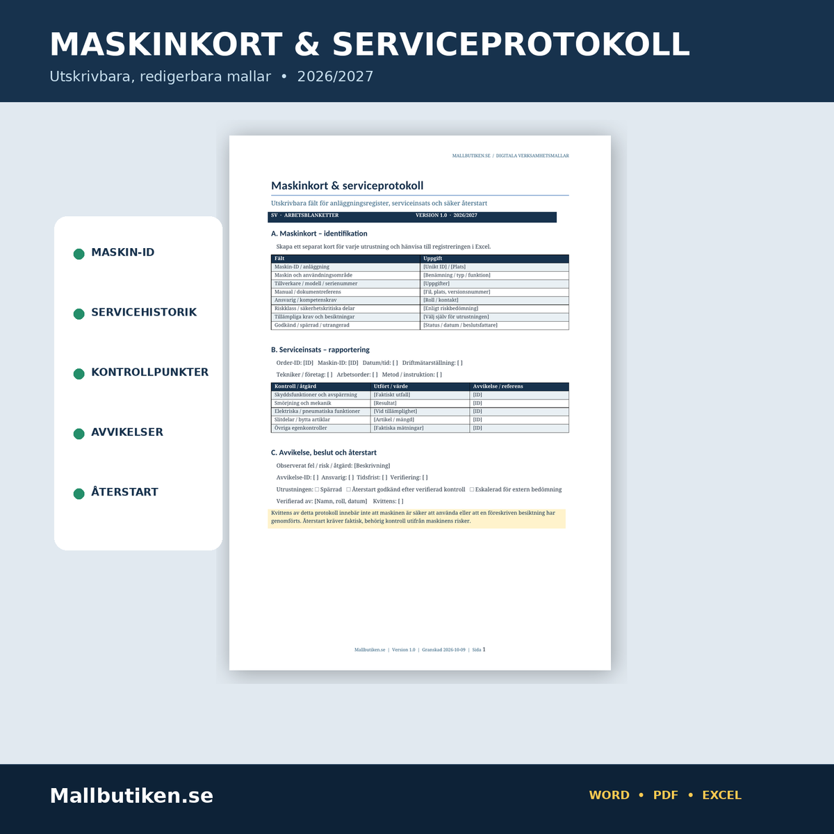 Maskinkort serviceprotokoll redigerbara Word PDF maskinunderhåll