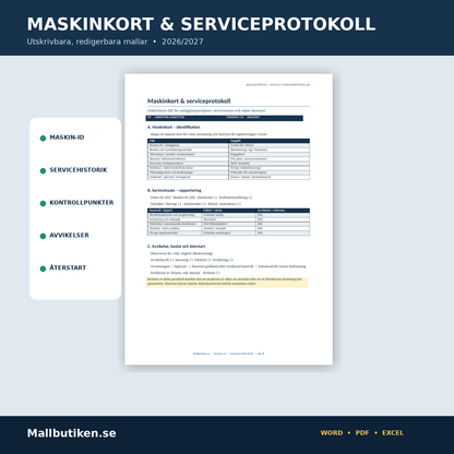 Maskinkort serviceprotokoll redigerbara Word PDF maskinunderhåll