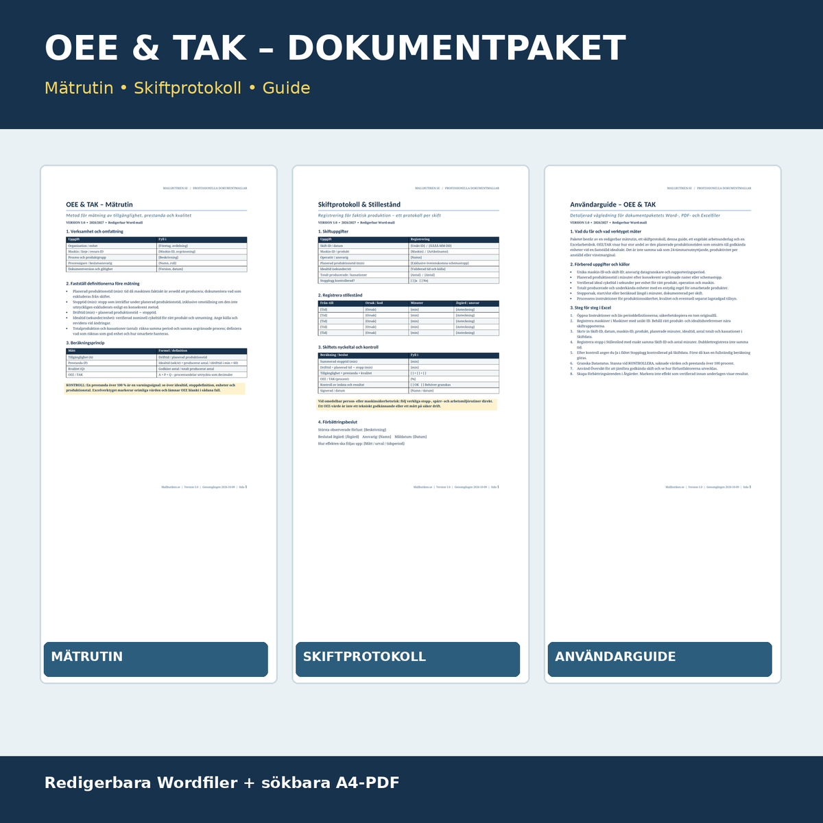 OEE TAK mätrutin skiftprotokoll svensk användarguide Word PDF