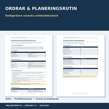 Produktionsorder kapacitetsbeslut rutin produktionsplanering redigerbara Word PDF