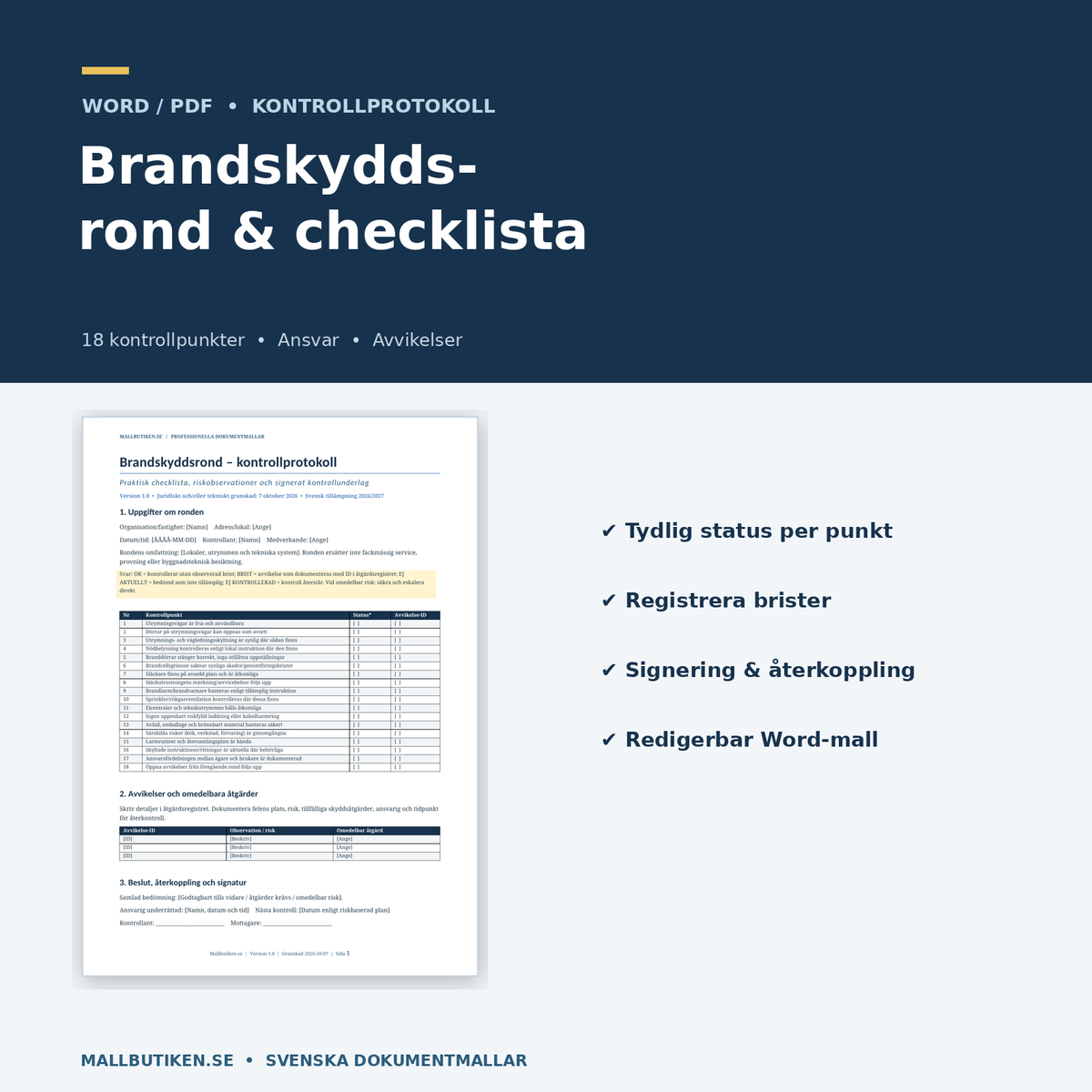 Brandskyddsrond SBA checklista kontrollprotokoll 18 punkter