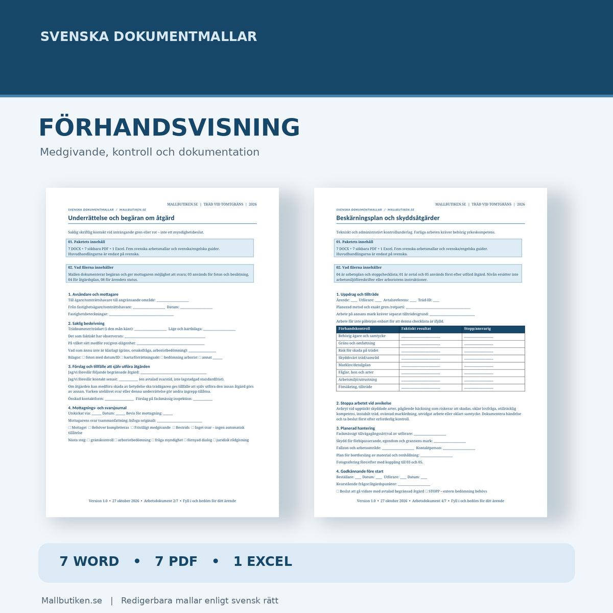Träd vid tomtgräns – underrättelse och beskärningsplan med faktiska Word- och PDF-förhandsvisningar
