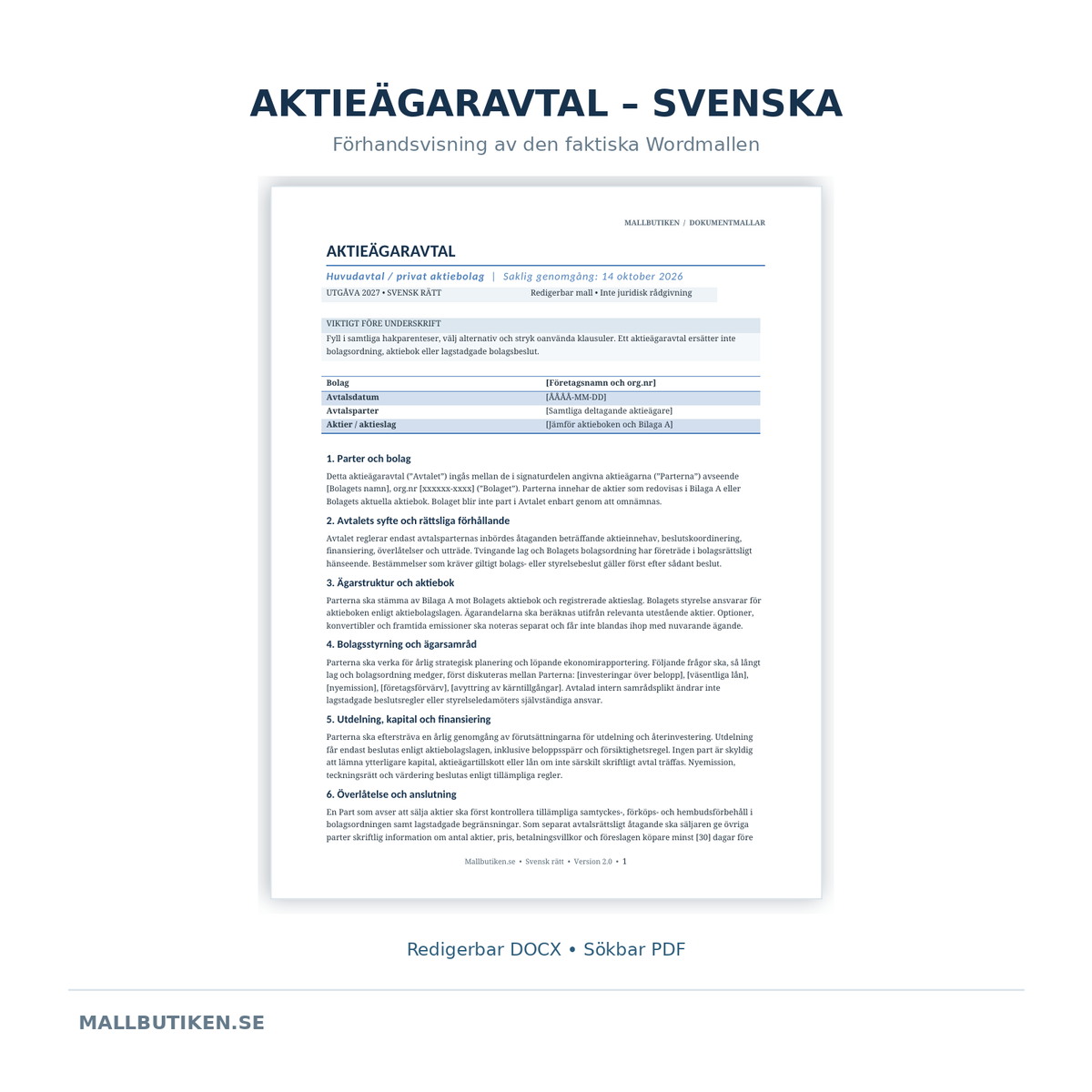 Svensk aktieägaravtalsmall – faktisk dokumentförhandsvisning