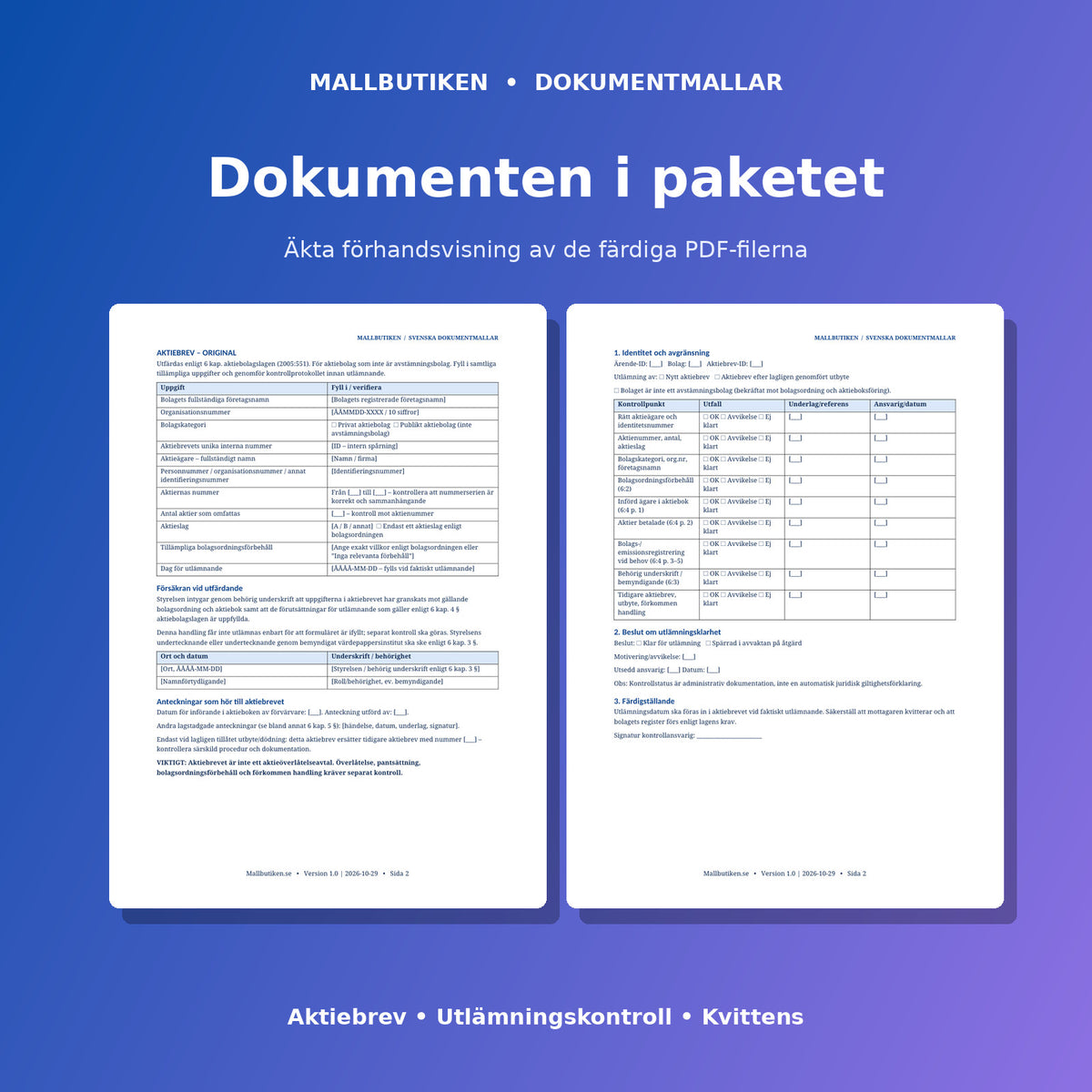 Förhandsvisning av aktiebrev och kontrollprotokoll i de färdiga PDF-filerna