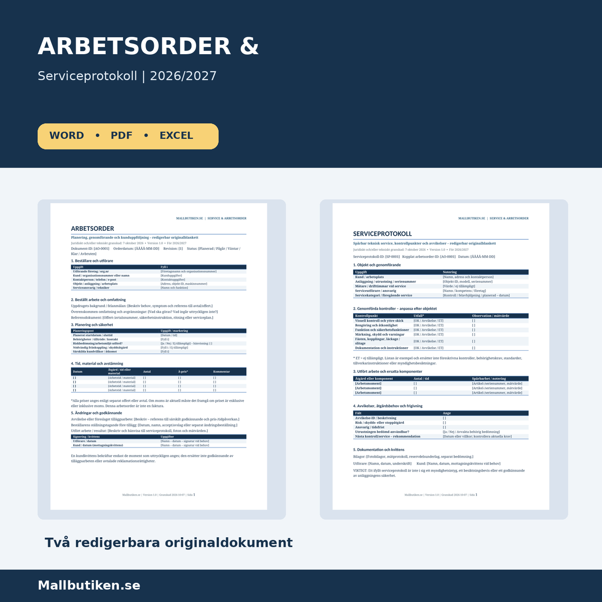 Arbetsorder blankett och serviceprotokoll redigerbara dokument Word PDF