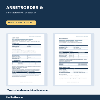 Arbetsorder blankett och serviceprotokoll redigerbara dokument Word PDF
