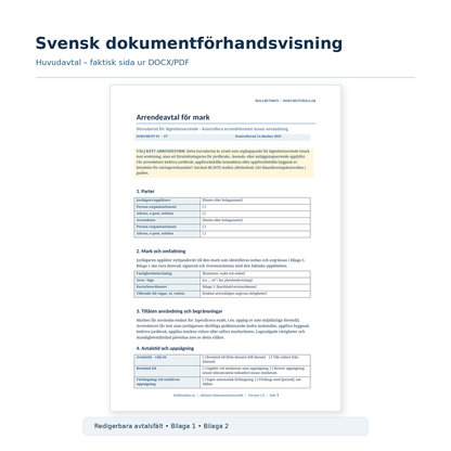 Arrendeavtal för mark – faktisk svensk huvudmall, DOCX och PDF