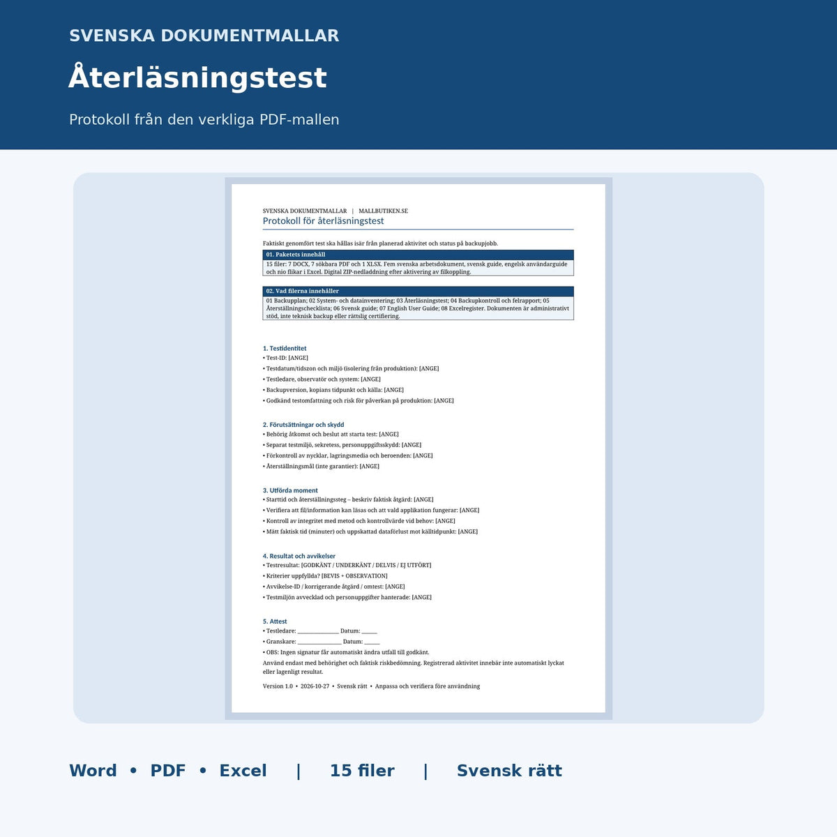 Återläsningstest Word PDF – faktisk sida ur testprotokollet