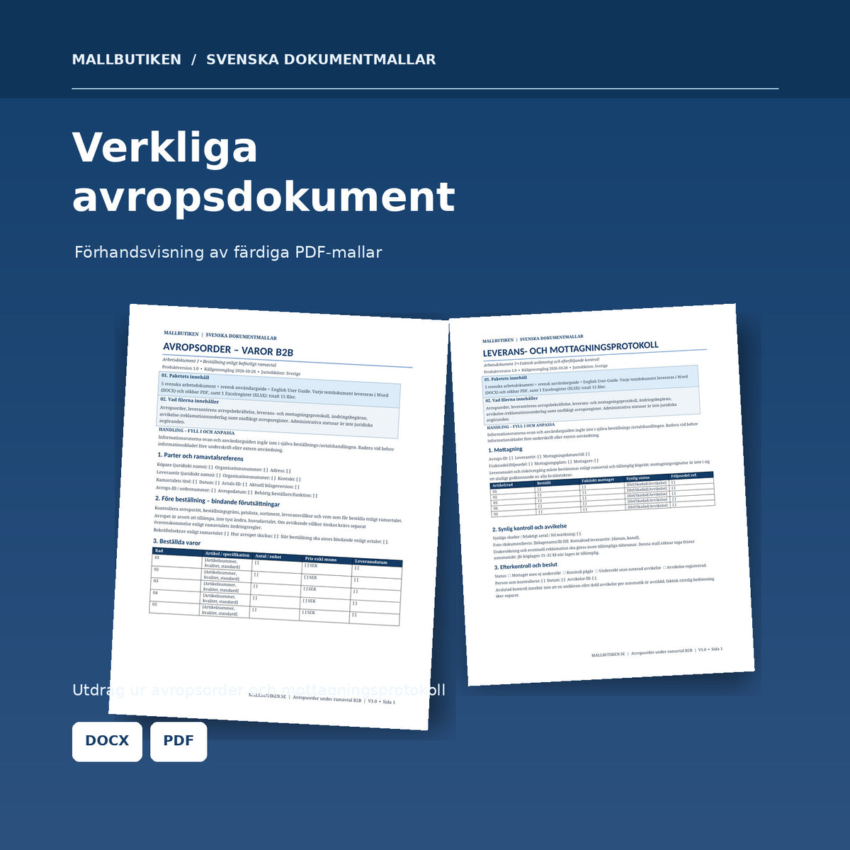 Förhandsvisning från avropsorder och leveransprotokoll i produktens riktiga PDF-filer