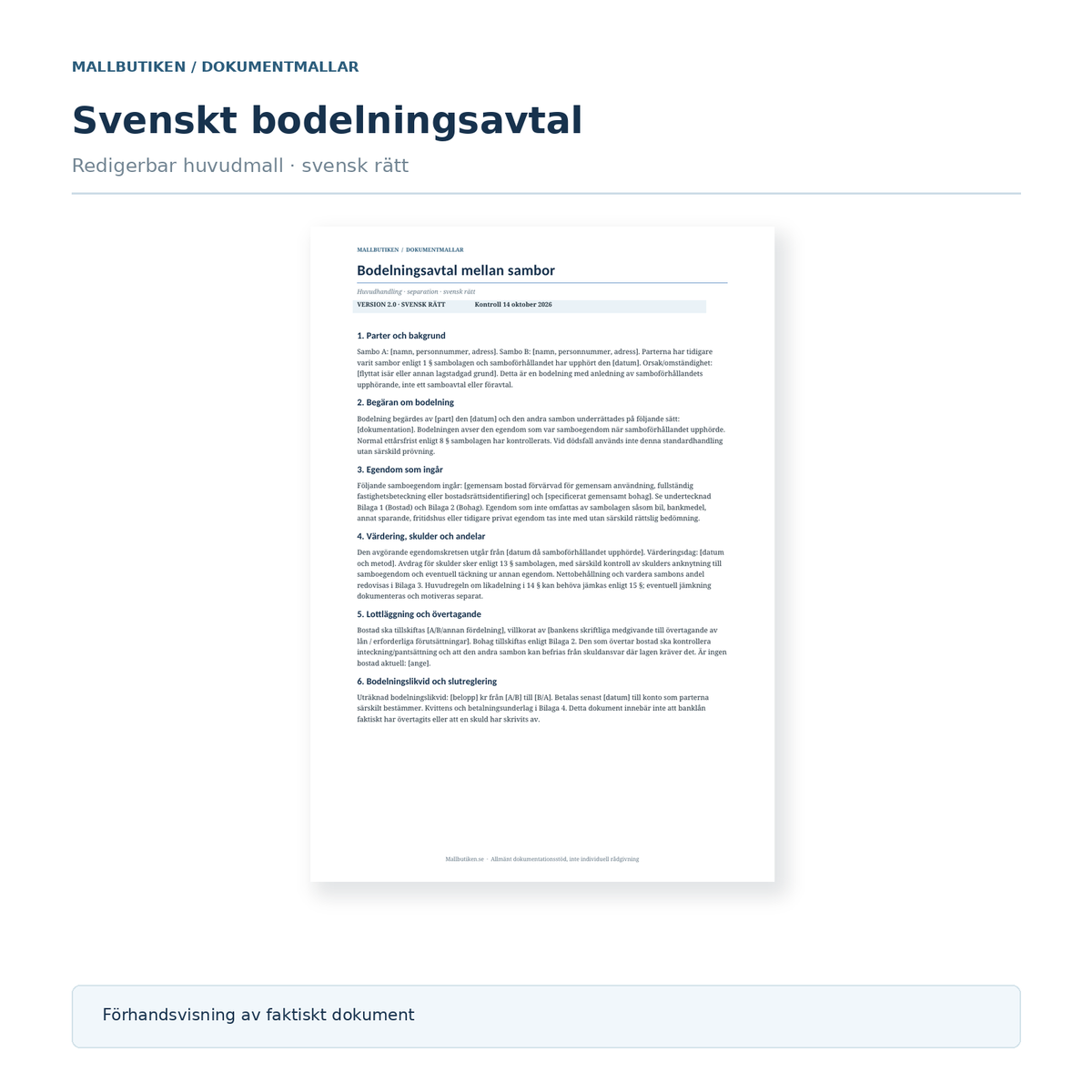 Bodelningsavtal sambo – svensk förhandsvisning av verkligt avtal enligt sambolagen