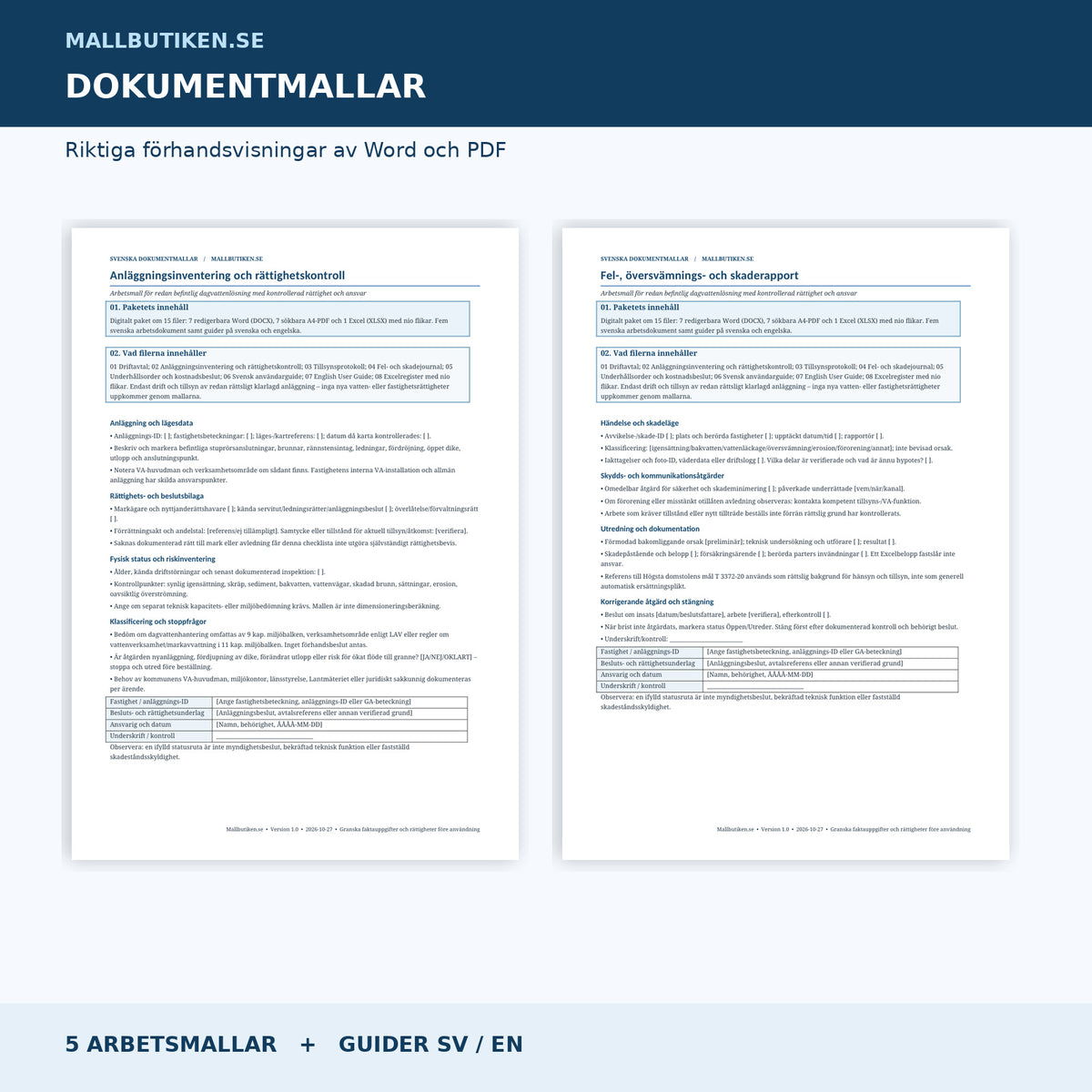 Dagvatten – anläggningsinventering och felrapport, verkliga Word- och PDF-sidor