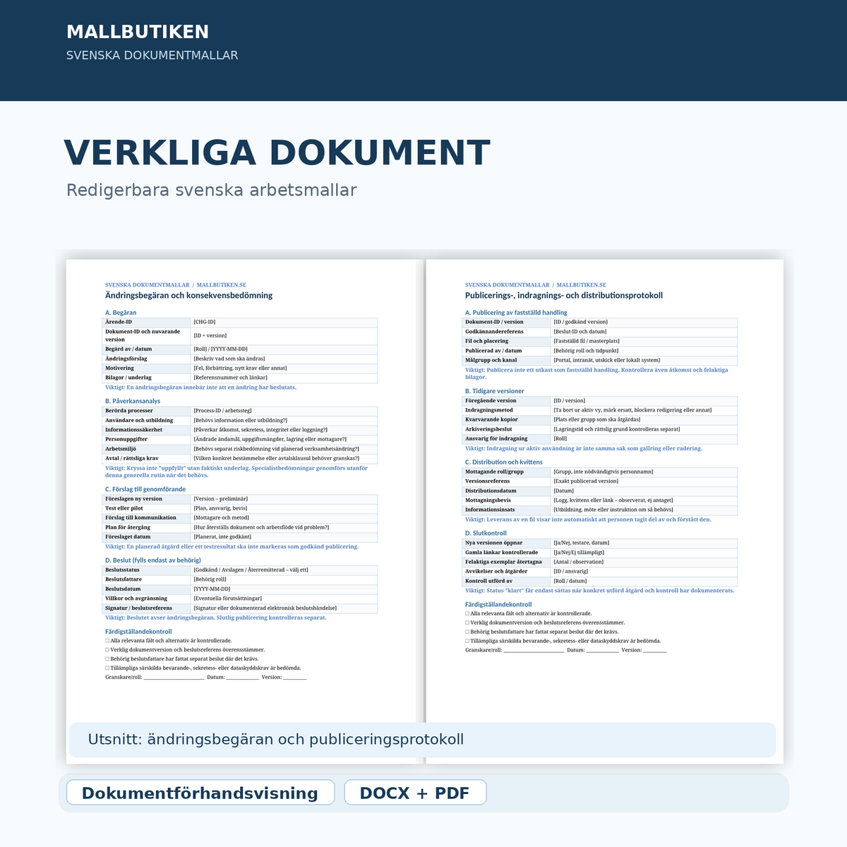 Dokumentförhandsvisning av ändringsbegäran och fastställelseprotokoll i Word och PDF