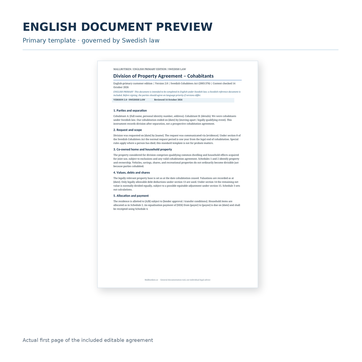 English primary division of property agreement – actual first page preview governed by Swedish law