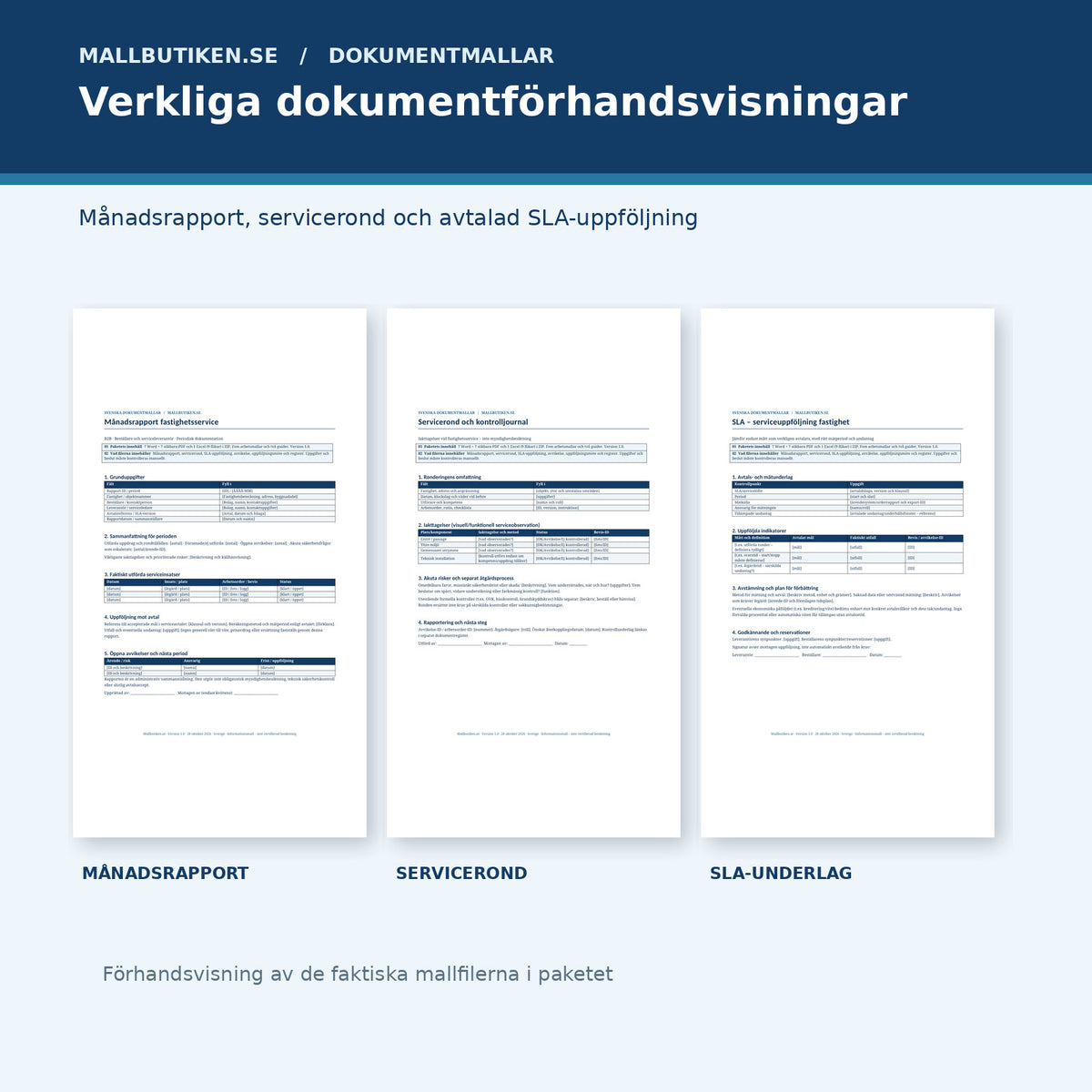 Förhandsvisning av månadsrapport servicerond och SLA-uppföljning i de faktiska dokumenten