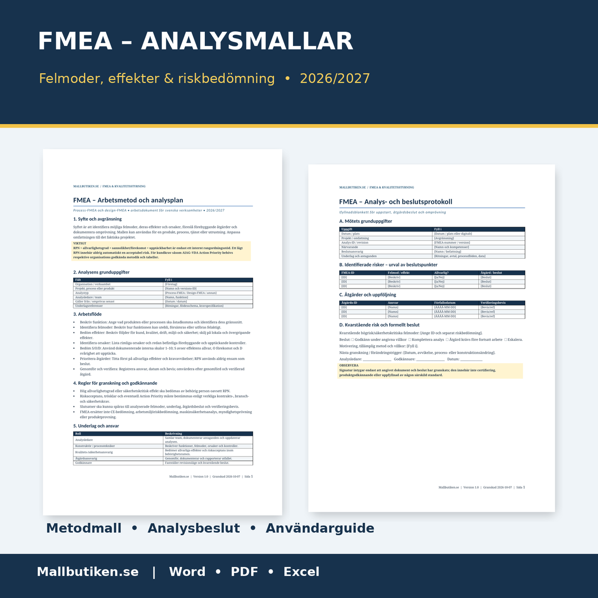 FMEA arbetsmetod analysplan och beslut protokoll svenska Word PDF