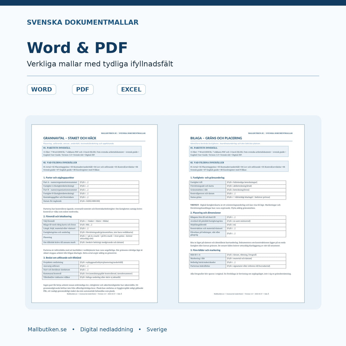 Dokumentförhandsvisning av grannavtal samt gräns- och placeringsbilaga i Word och PDF