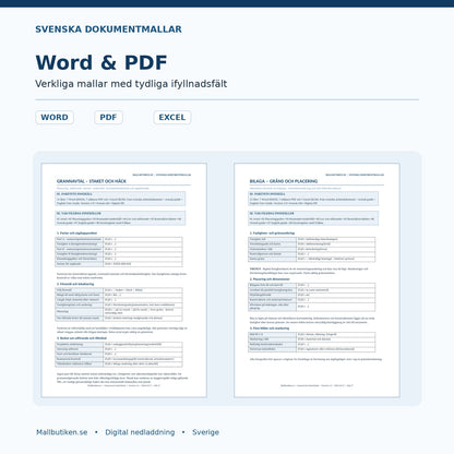 Dokumentförhandsvisning av grannavtal samt gräns- och placeringsbilaga i Word och PDF