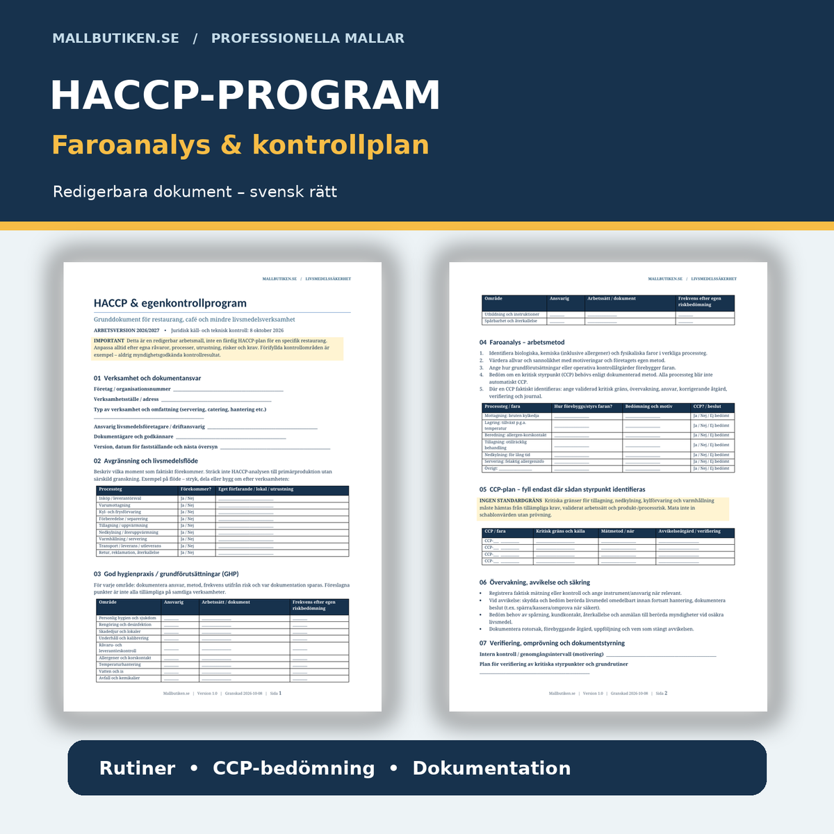 HACCP-plan Word PDF faroanalys egenkontrollprogram restaurang café