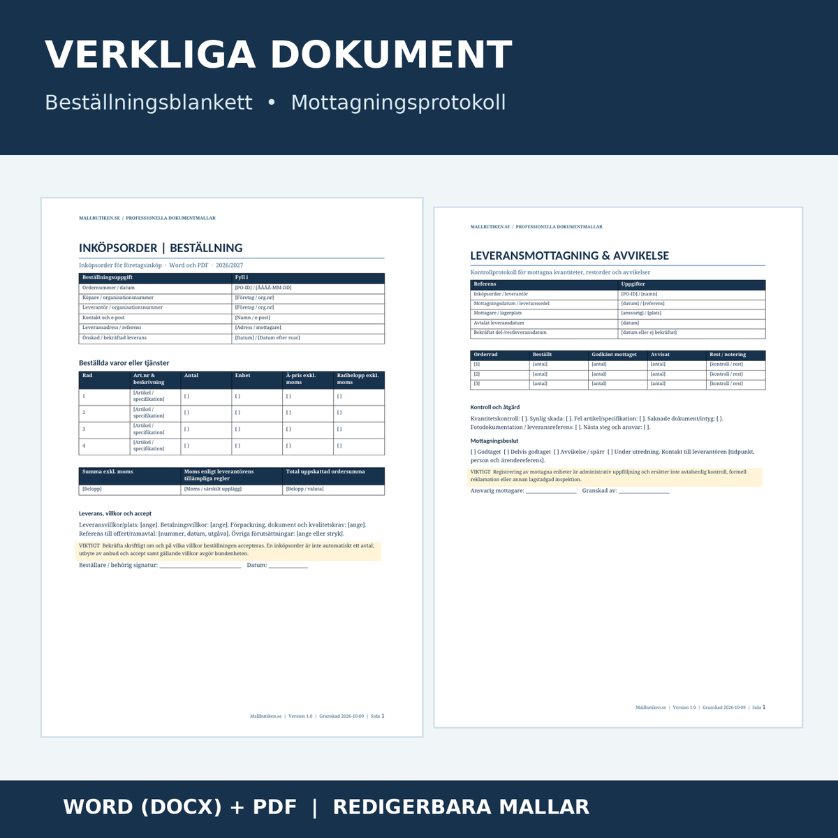 Inköpsordermall och leveransmottagningsprotokoll i Word och PDF