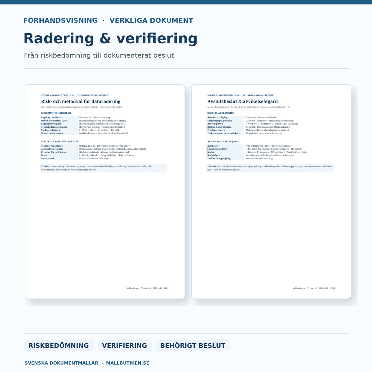 Raderingsprotokoll, riskbedömning och manuell frisläppning – verkliga Word- och PDF-förhandsvisningar