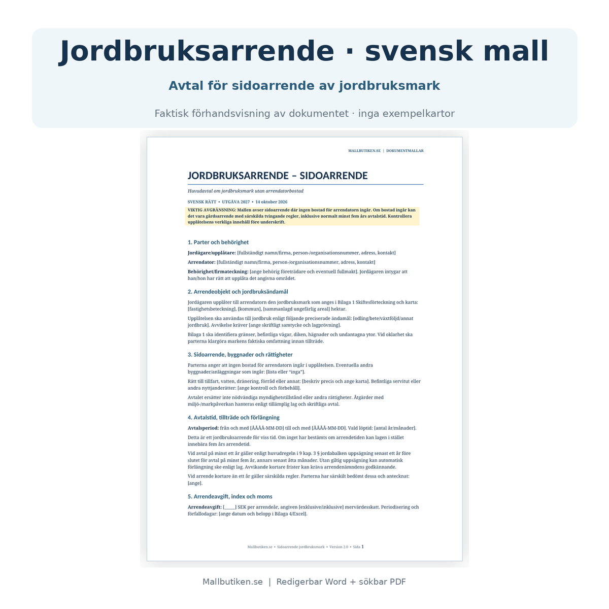 Arrendeavtal jordbruksmark – svensk dokumentförhandsvisning av huvudavtal för sidoarrende