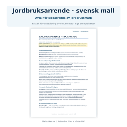 Arrendeavtal jordbruksmark – svensk dokumentförhandsvisning av huvudavtal för sidoarrende