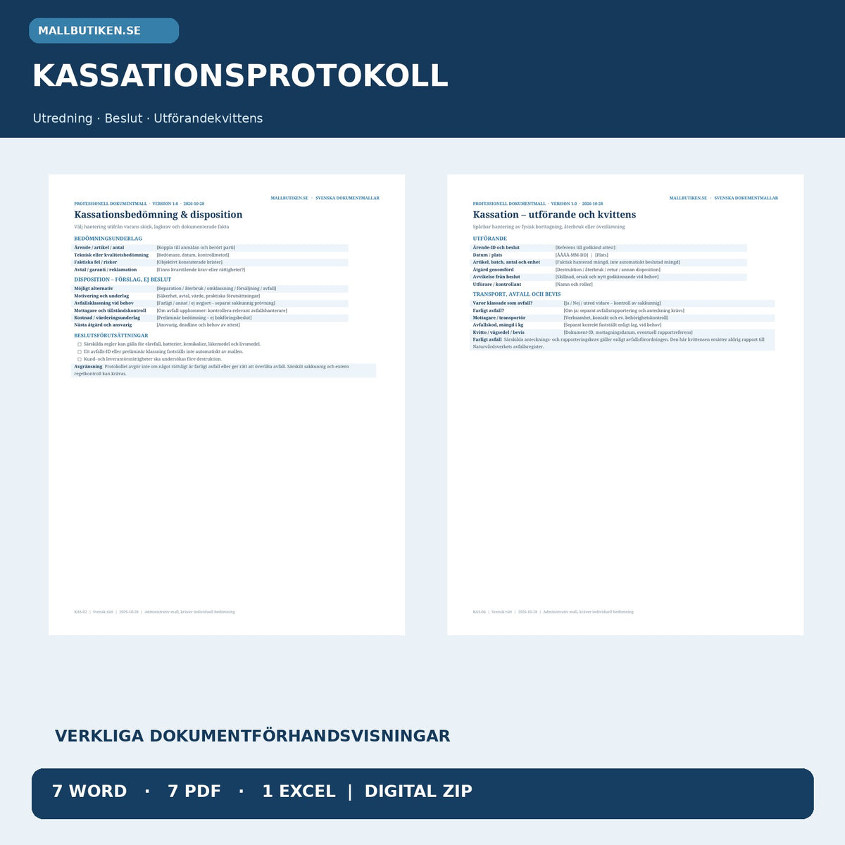 Kassationsbedömning, beslut och avfallskvittens – verkliga dokumentmallar