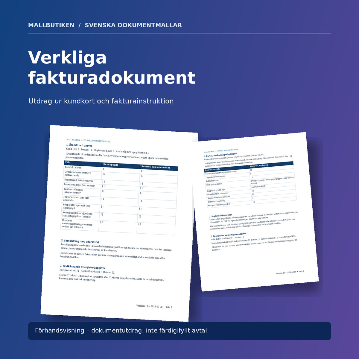 Autentiska förhandsvisningar av kundkort och faktureringsinstruktion för företag