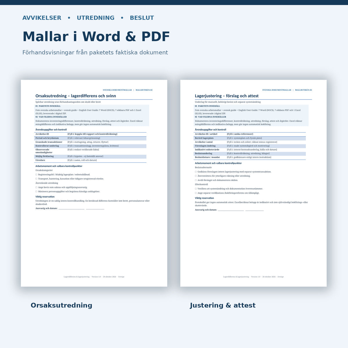 Verkliga Word och PDF förhandsvisningar av orsaksutredning samt förslag till lagerjustering och attest