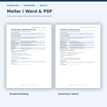 Verkliga Word och PDF förhandsvisningar av orsaksutredning samt förslag till lagerjustering och attest
