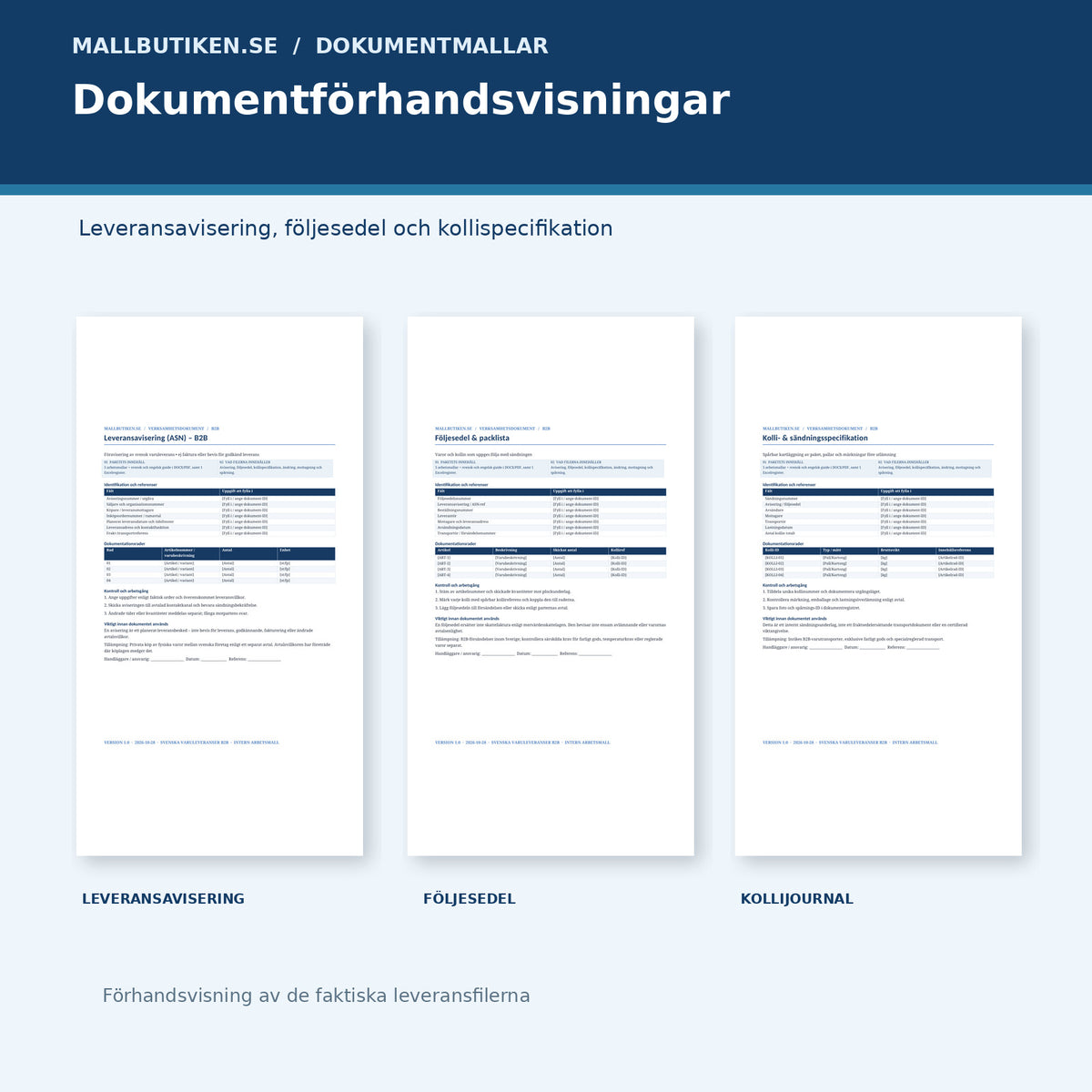 Förhandsvisning av leveransavisering, följesedel och kollispecifikation från de faktiska dokumentmallarna