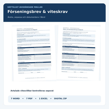 Förseningsbrev och underlag för avtalat viteskrav, förhandsvisning av riktiga svenska dokumentmallar