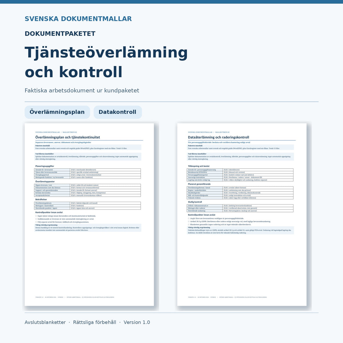 Överlämningsplan och dataåterlämning – faktiska Word- och PDF-dokument i paketet