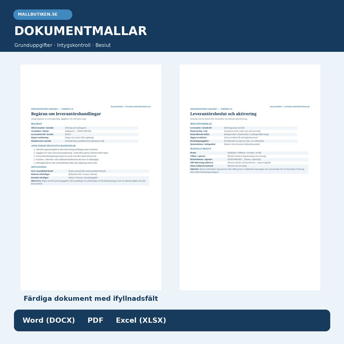 Dokumentmallar för leverantörskontroll, registreringsbevis och manuellt godkännande – förhandsvisning av verkliga PDF-filer