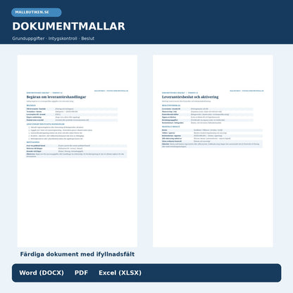 Dokumentmallar för leverantörskontroll, registreringsbevis och manuellt godkännande – förhandsvisning av verkliga PDF-filer