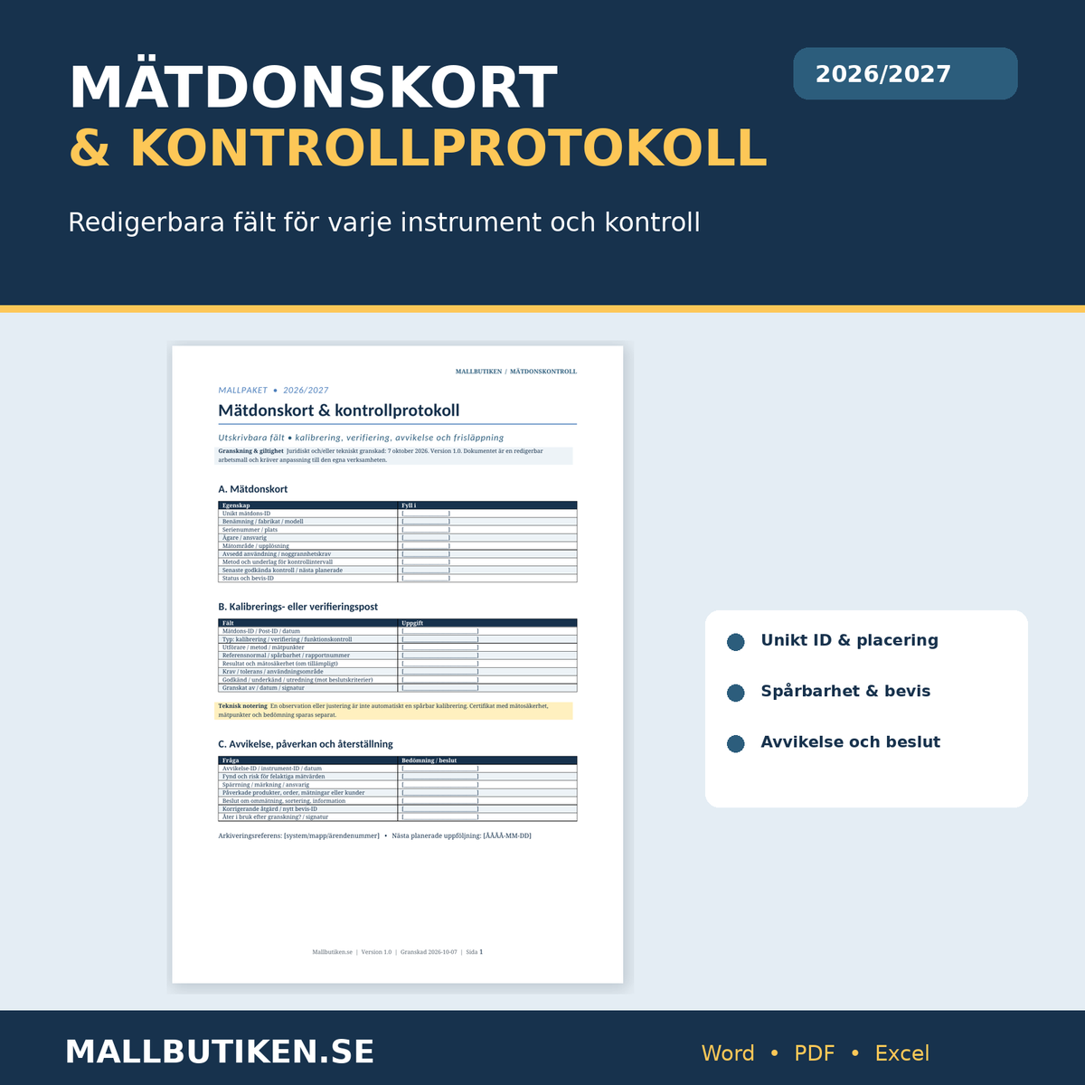 Mätdonskort och kalibreringsprotokoll Word PDF med instrument-ID, resultat och avvikelse
