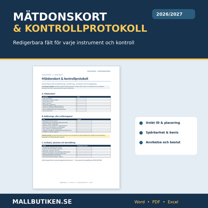 Mätdonskort och kalibreringsprotokoll Word PDF med instrument-ID, resultat och avvikelse