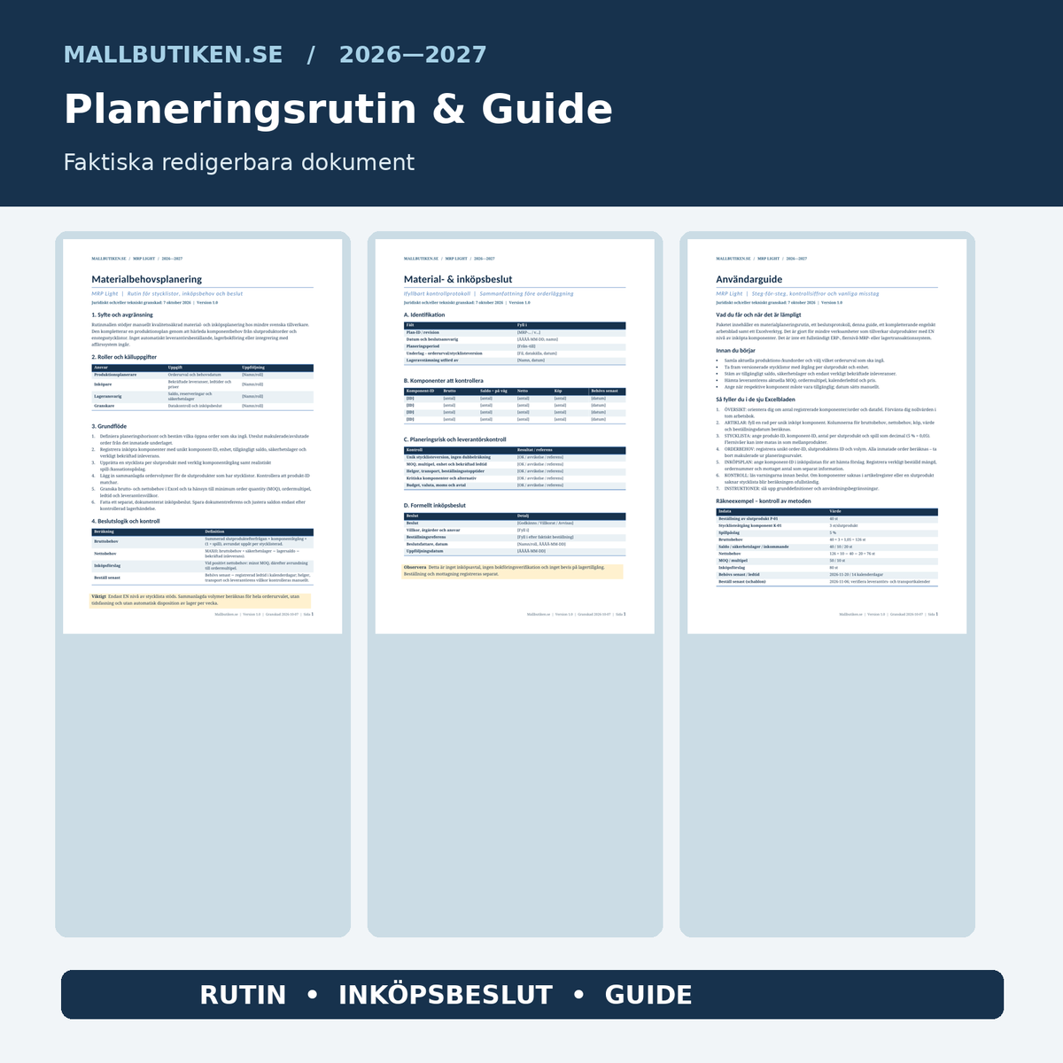 Materialplaneringsrutin, inköpsbeslut och svensk användarguide Word och PDF