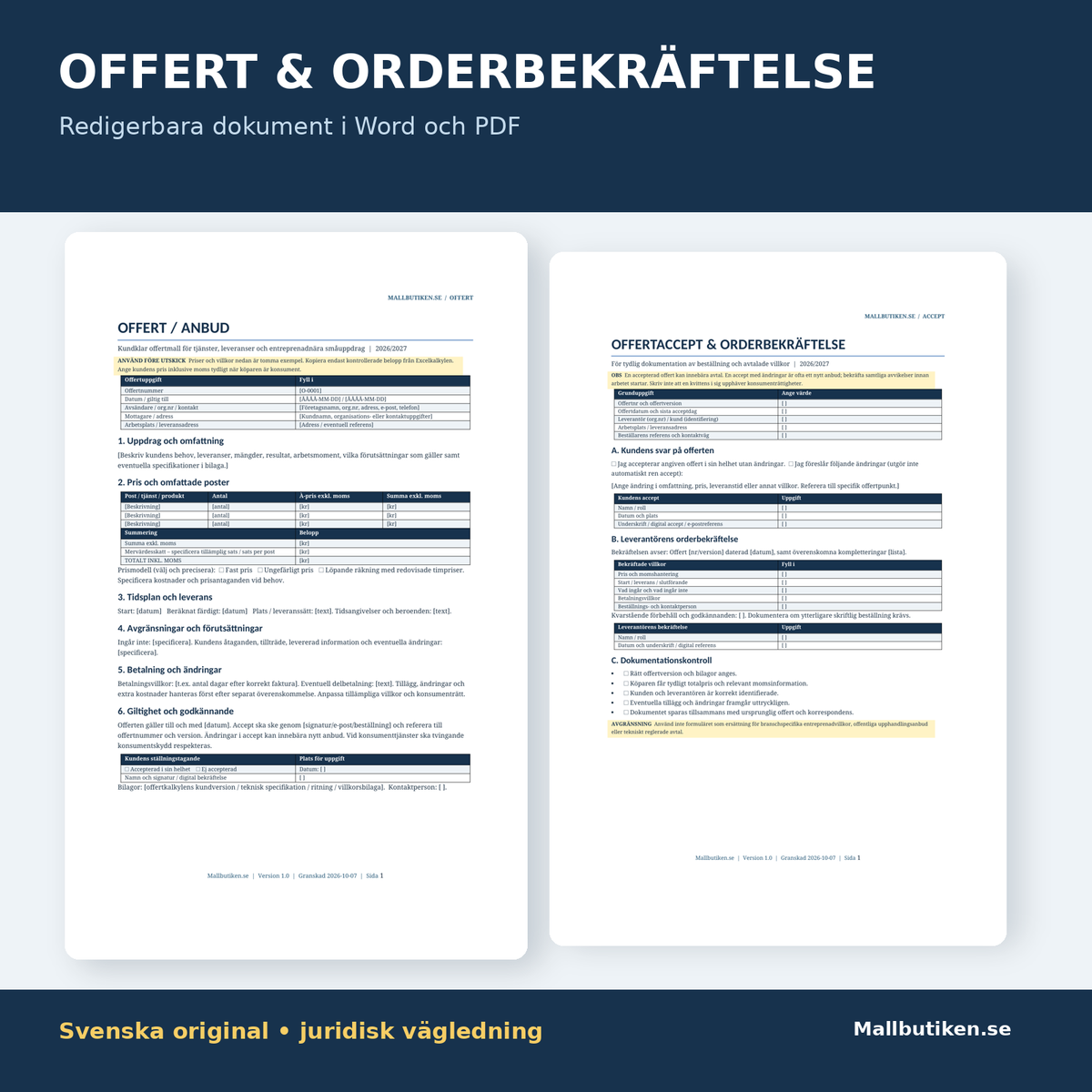 Offert och offertaccept orderbekräftelse Word PDF svenska 2026 2027
