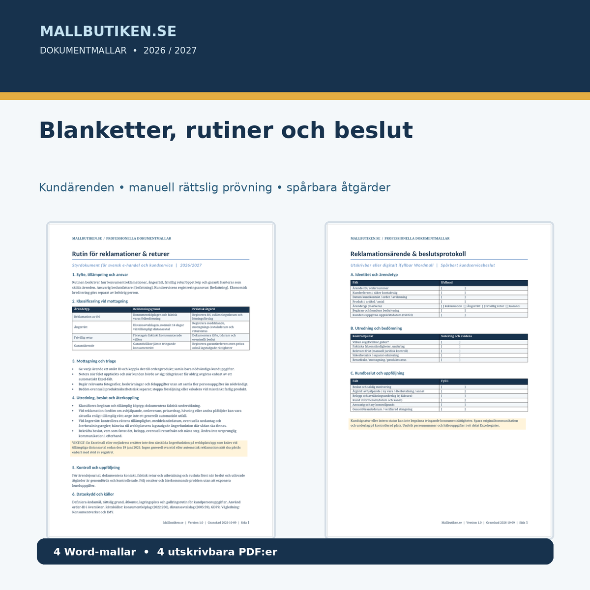 Word PDF reklamationsrutin reklamationsärende beslutsprotokoll och kundservice