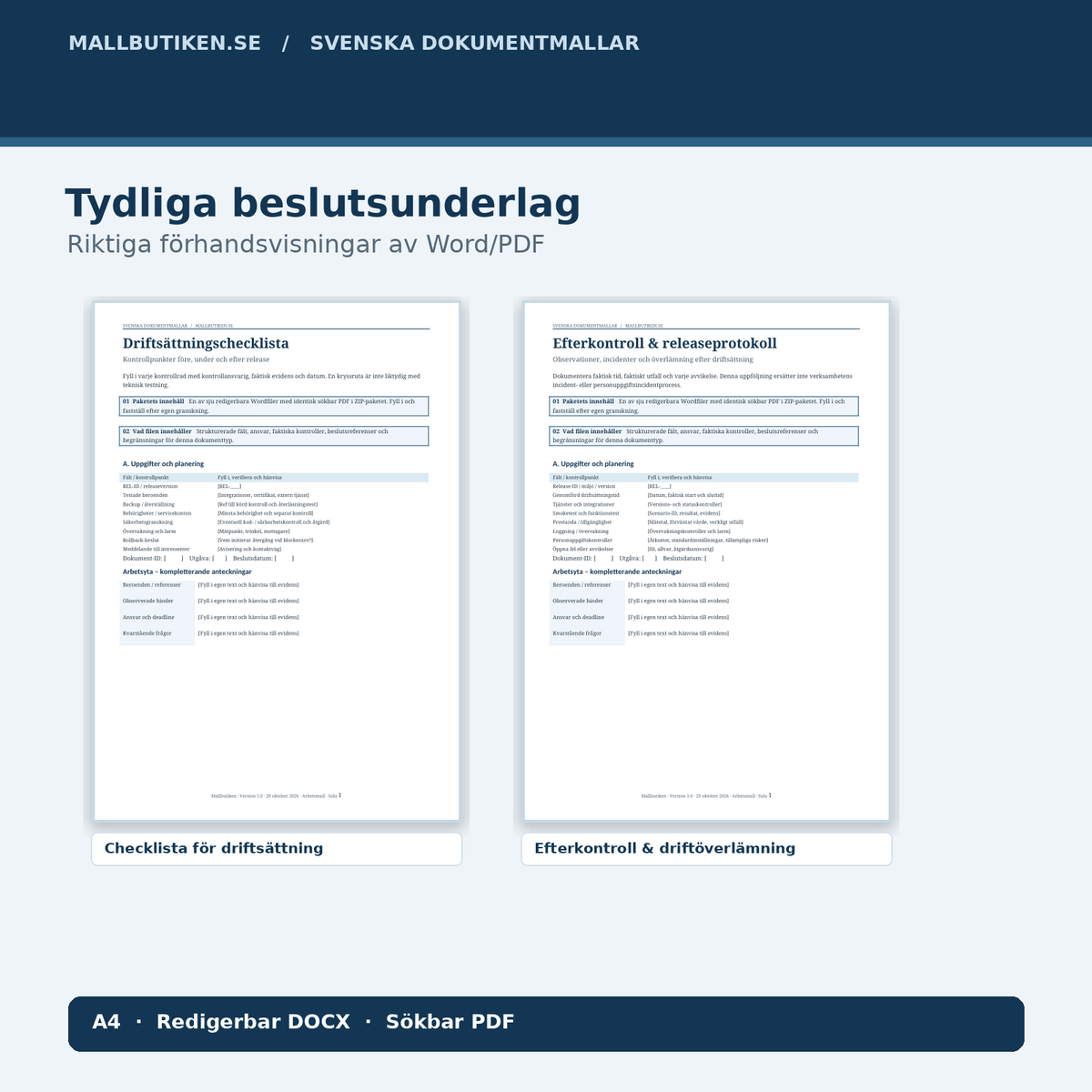 Driftsättningschecklista och efterkontroll – riktiga PDF-förhandsvisningar