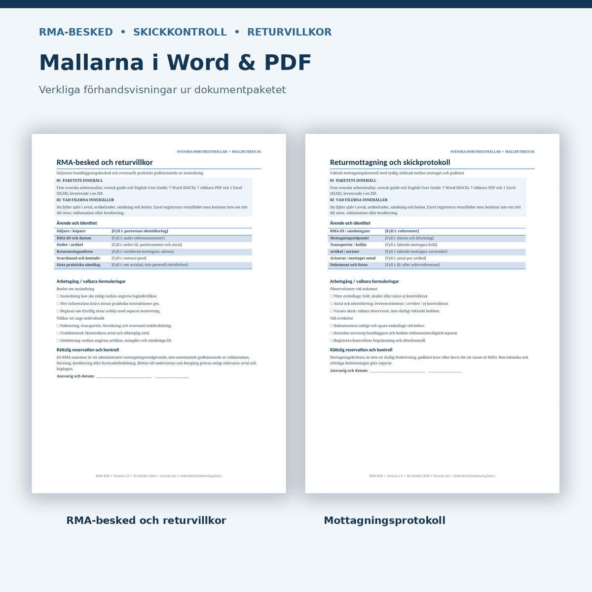 RMA-besked och returens mottagningsprotokoll, verkliga förhandsvisningar från Word- och PDF-mallarna