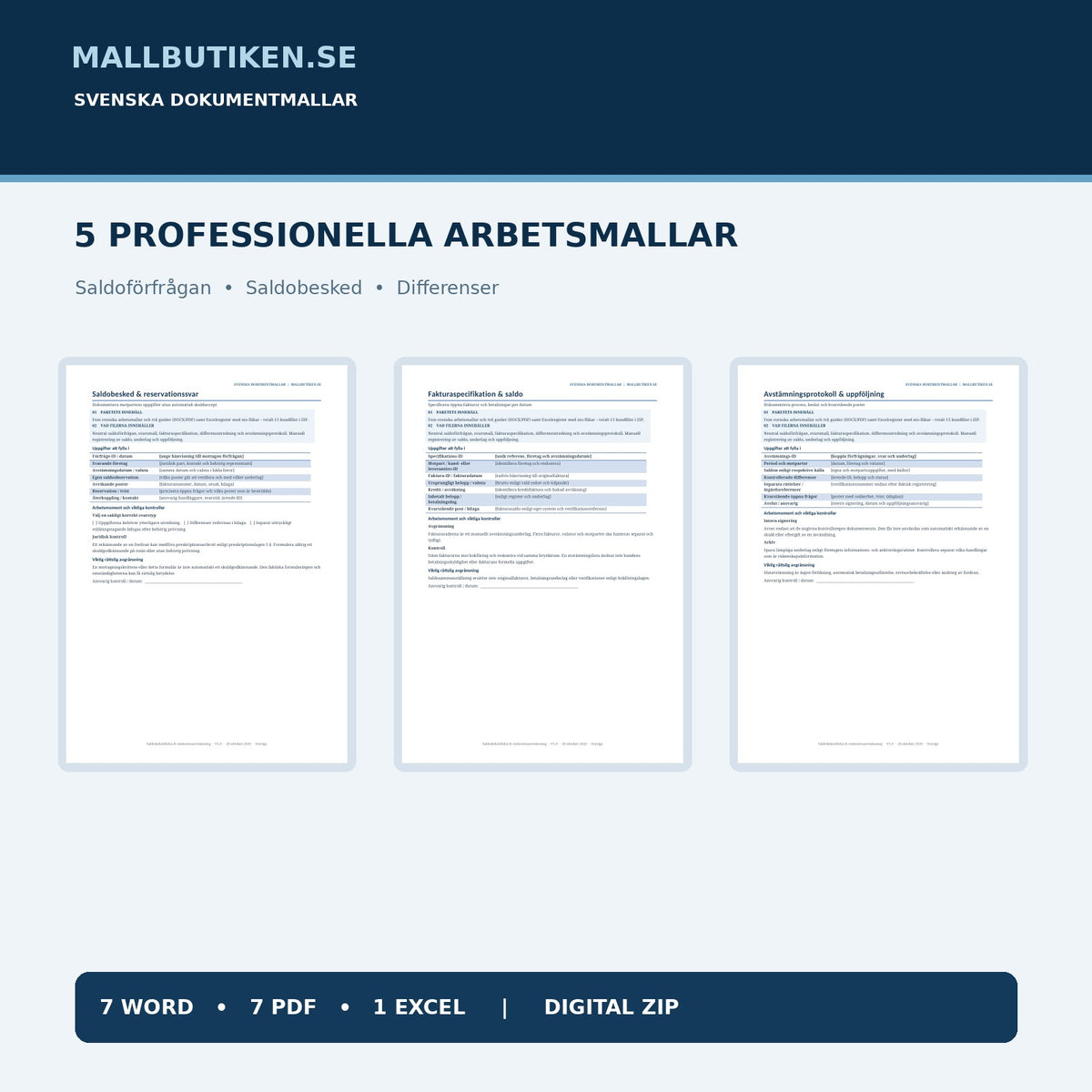 Saldobesked, fakturaspecifikation och avstämningsprotokoll – verkliga PDF-förhandsvisningar