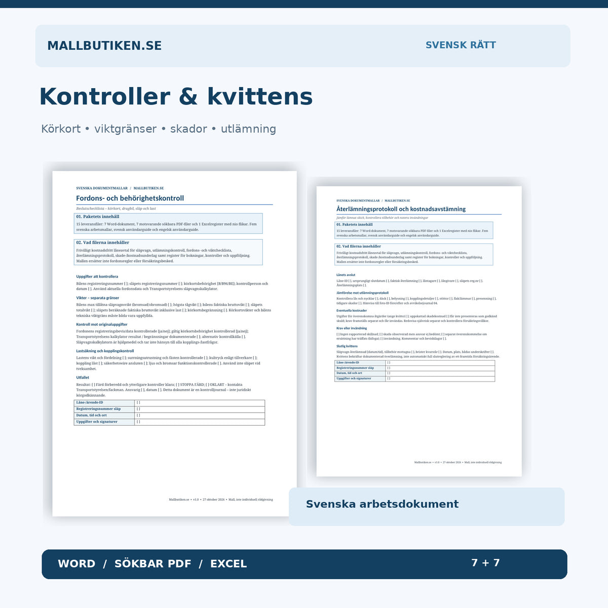 Släpvagnens kontrollista för körkort vikt försäkring och återlämning – Word- och PDF-förhandsvisning