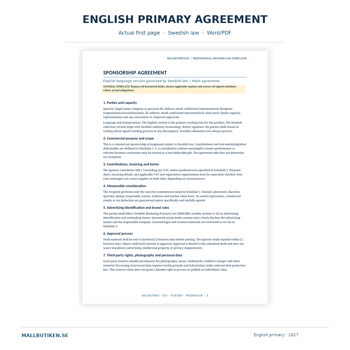 Actual English primary sponsorship contract – Swedish law legal template Word PDF preview