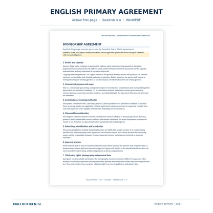 Actual English primary sponsorship contract – Swedish law legal template Word PDF preview