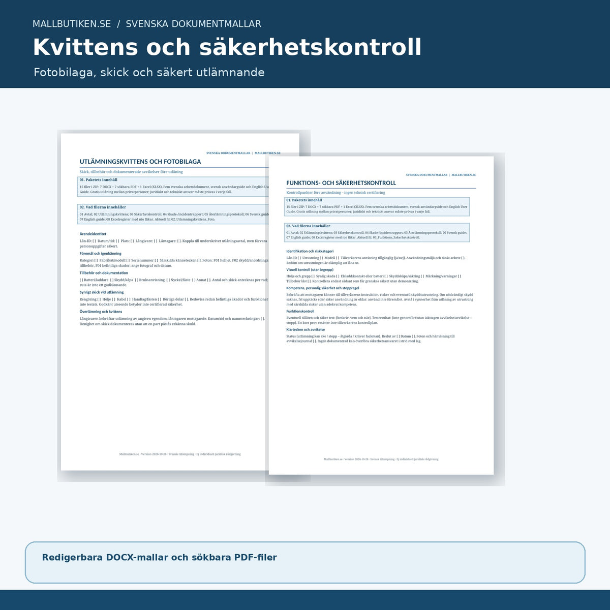 Utlämningskvittens och säkerhetskontroll, redigerbar dokumentmall för utlåning