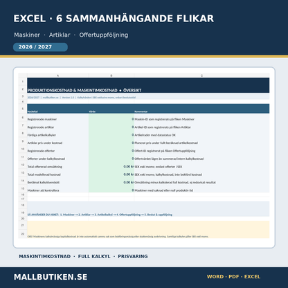 Excel maskintimkostnad artikelkalkyl offerter marginal dashboard